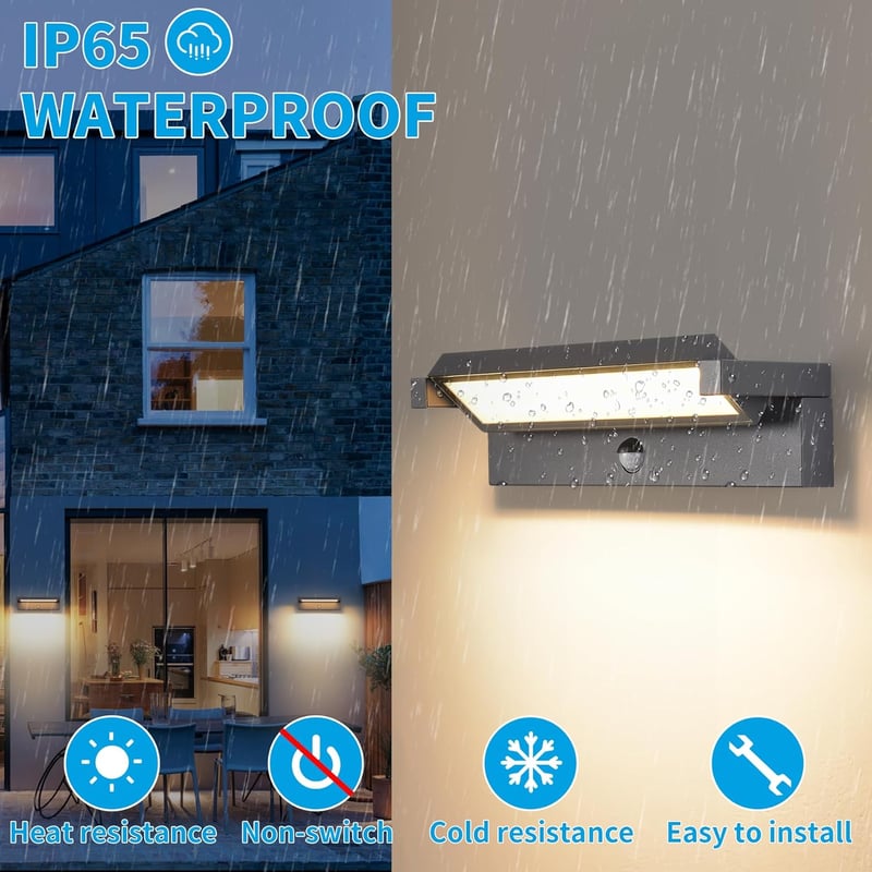 KUKAK 36W LED Kültéri Fali Lámpa Mozgásérzékelővel - IP65 Vízálló, 3000K Meleg Fehér, 350° Forgatható Panel, Alumínium, Kert, Terasz Világít
