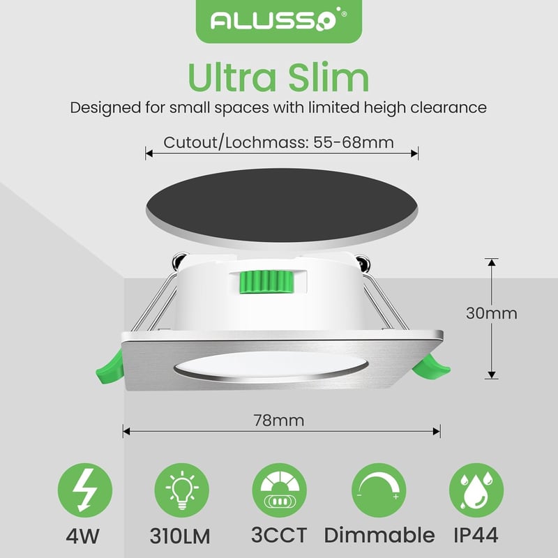 ALUSSO LED Süllyesztett Mennyezeti Spotlámpák, Fényerőszabályozható, 3 Színhőmérséklet, IP44 Vízálló, Fürdőszobába, Konyhába, 6 db Szett