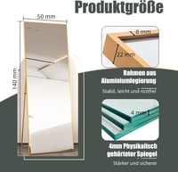 AUFHELLEN Álló Tükör 140x50 cm Arany Fém Kerettel - HD Minőségű Teljes Alakos Fali Tükör Akasztóval Nappaliba, Hálószobába, Öltözőbe 2