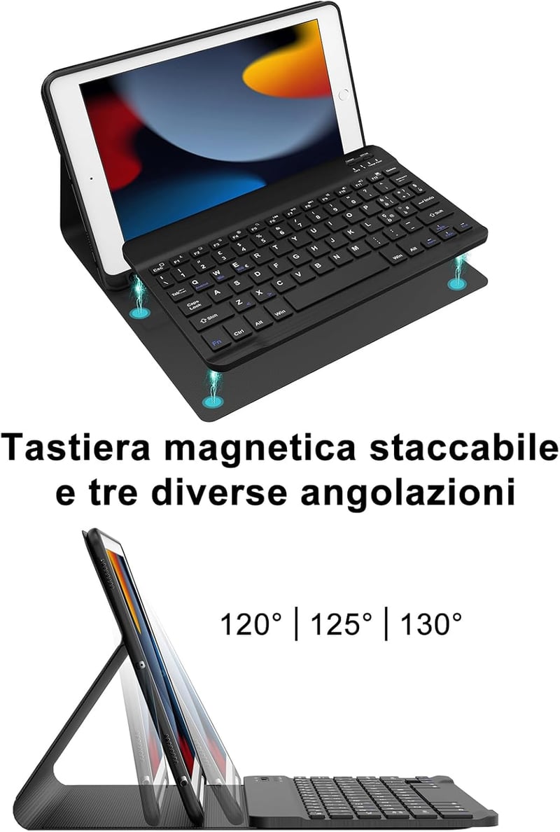 KVAGO iPad 10,2" olasz billentyűzetes tok - Bluetooth, mágneses, levehető, fekete