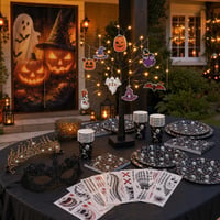 Halloween-partivarázs: 12 lap arctetoválás + ajtódísz + 24 LED fényfa + tiara-csipkemaszk + 97 részes 1