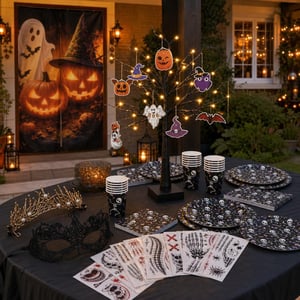 Halloween party set: 12x tetovaže + ukras za vrata + 24 LED drvce + tiara s maskom + 97-dijelni set