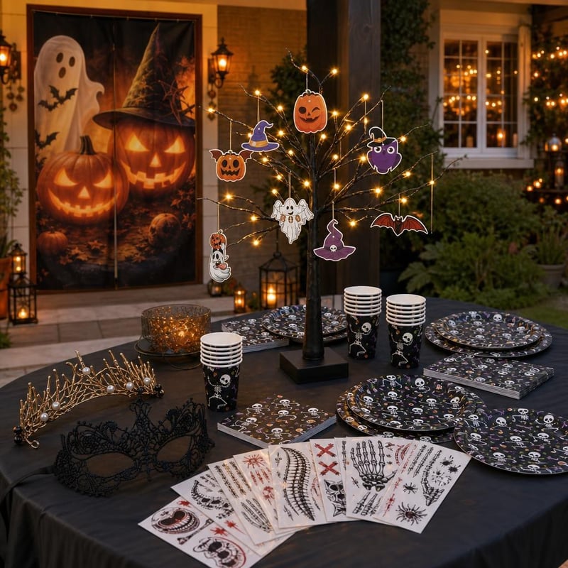 Halloween-partivarázs: 12 lap arctetoválás + ajtódísz + 24 LED fényfa + tiara-csipkemaszk + 97 részes