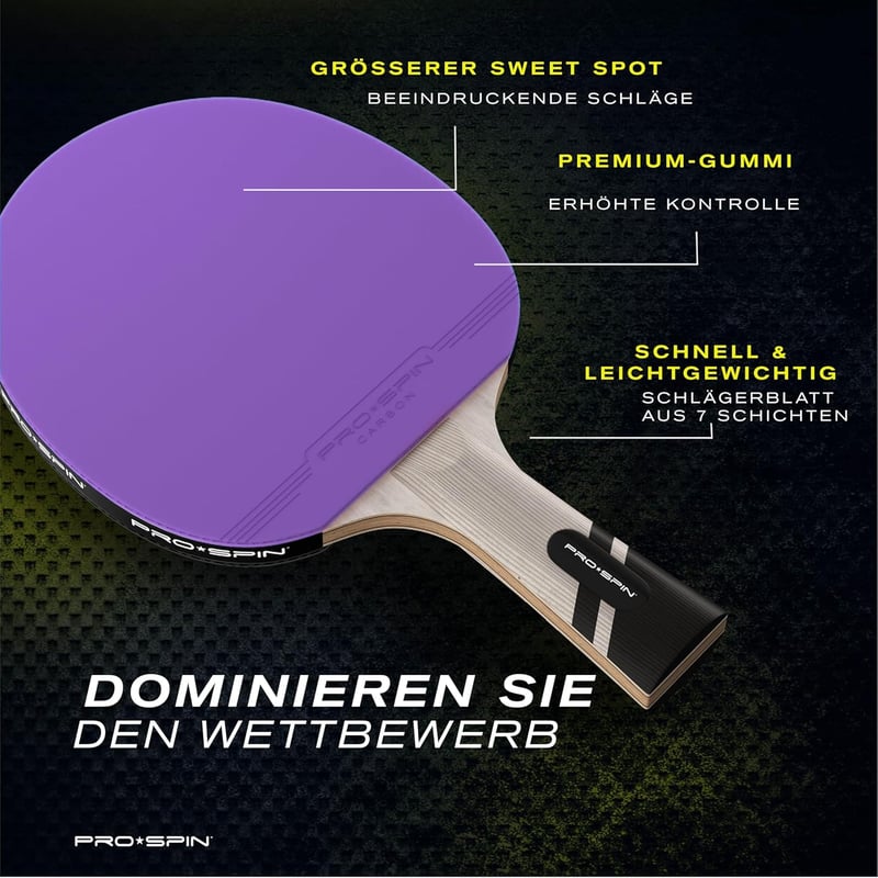 PRO SPIN Karbon Pingpong Ütő - Professzionális Lila Limitált Kiadás, 2.0 mm Szivacs, Kiváló Pörgetés és Pontosság, Védőtokkal, Középhaladó J - 1 Pack | Purple