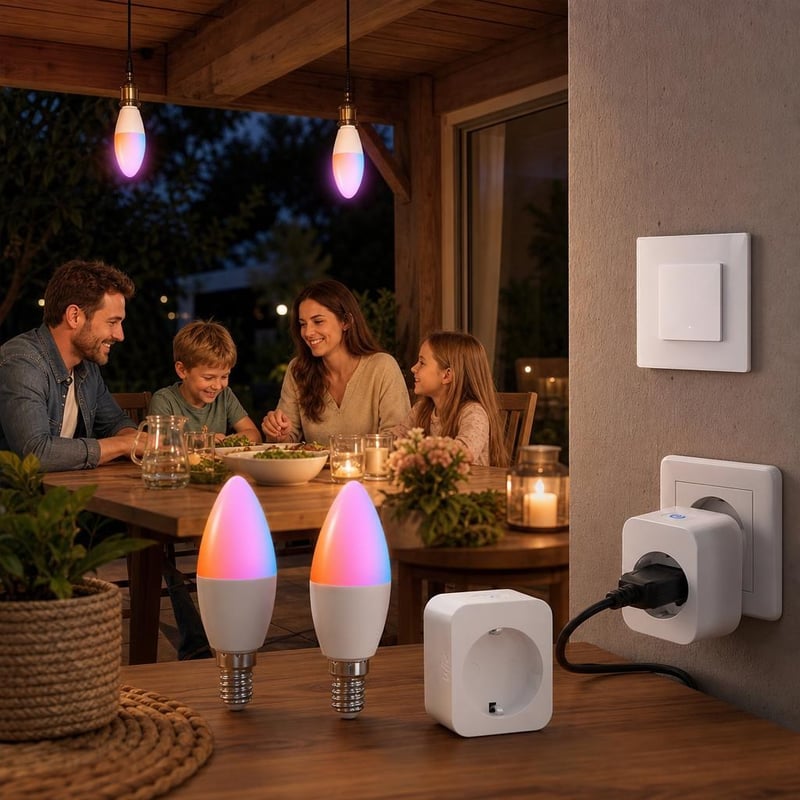 Smart Home balík: 2x E14 RGB žiarovka + WiFi zásuvka + WiFi spínač + Alexa/Google