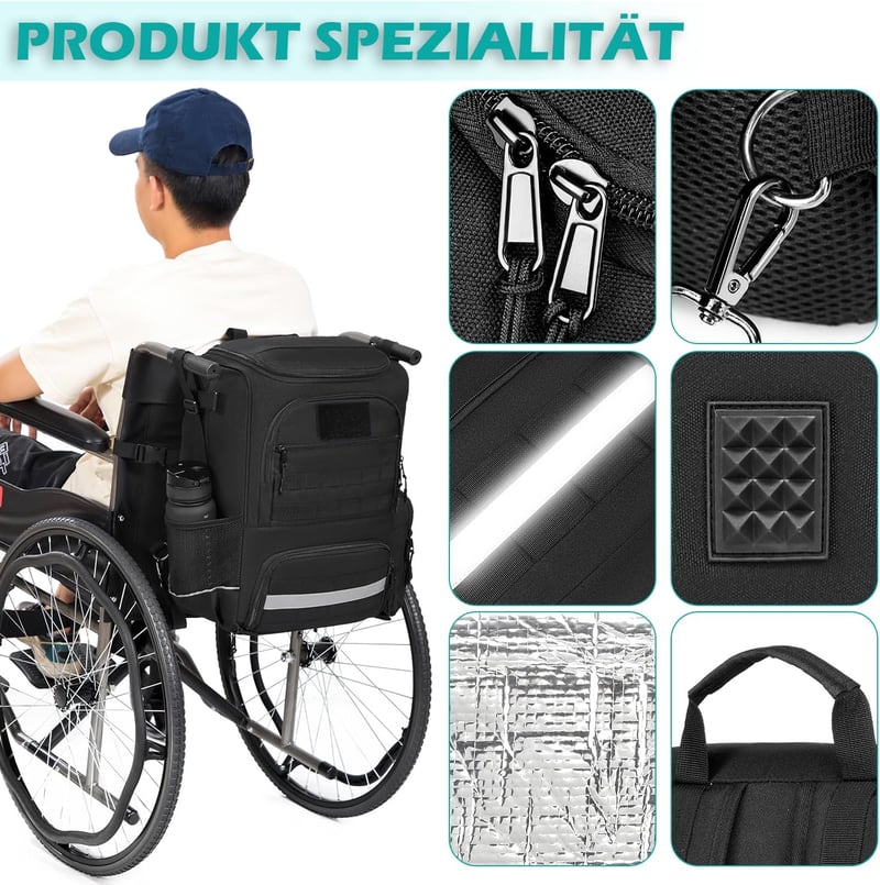 BlesMaller Kerekesszék Táska - Nylon Hátizsák Járókerethez, Hőszigetelt Rekesszel és Mankótartóval, Laptoptárolóval, Éjszakai Fényvisszaverő