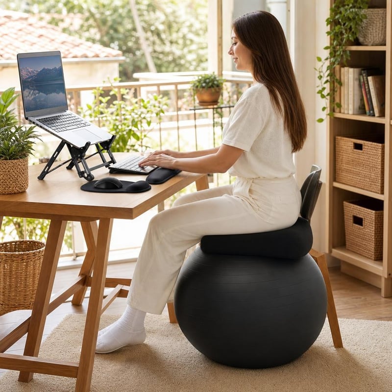 Ergonomický pracovný set: fitlopta + opierka zápästia + stojan na notebook + podsedák