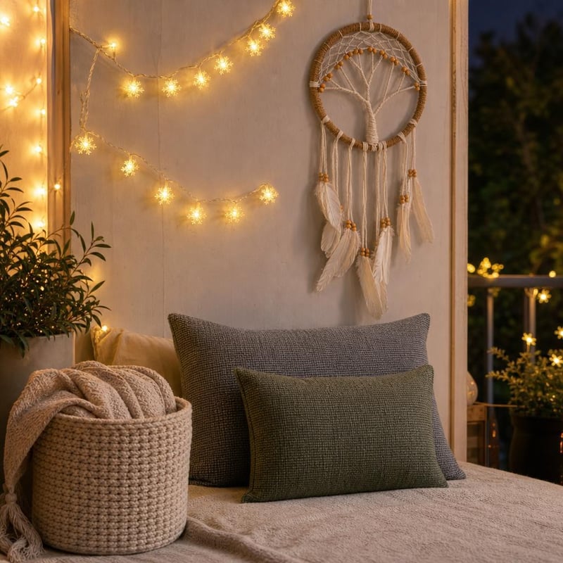 Tinikückó dekoráció: LED-szalag + elemes fényfüzér + 2 db díszpárnahuzat + álomfogó + tárolókosár