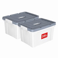 Cetomo 35-litrový biely plastový úložný box so sivým vekom a rúčkami, stohovateľný, 2 ks (neúplná súprava) 1