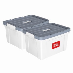 Cutie de depozitare din plastic alb Cetomo, 35 litri, cu capac și mânere gri, stivuibilă, set de 2 bucăți (set incomplet)