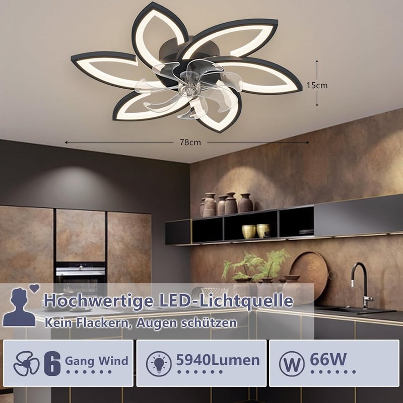 Revneey LED Mennyezeti Ventilátor Lámpával - 66W Szabályozható Fényerő, 3000-6000K, 6 Fejes, Csendes, Fekete, Távirányítós, Nappali és Hálós