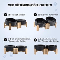 SPUNKYJUNKY 15° Dőlésszögű Kerámia Etetőtál Fa Állvánnyal - 2x400ml Fekete Kutyatál Lapos Arcú Kisállatoknak, Csúszásmentes 3