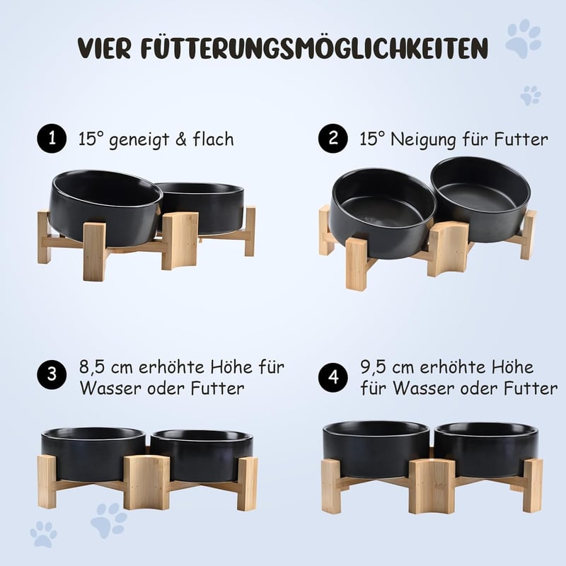 SPUNKYJUNKY 15° Dőlésszögű Kerámia Etetőtál Fa Állvánnyal - 2x400ml Fekete Kutyatál Lapos Arcú Kisállatoknak, Csúszásmentes