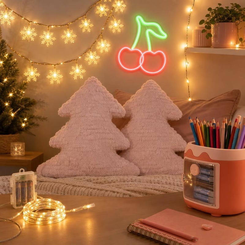 Neon kútik dekorácia: LED pásik + svetelná reťaz + 2x vankúš + neón čerešňa + stojan na perá