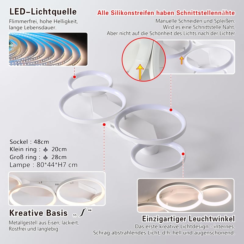 SEATAIN 80 cm-es Távirányítós LED Mennyezeti Lámpa - Fehér 4 Gyűrűs Modern Dizájn, Szabályozható Fényerő, 3000-6000K, Éjszakai Fény Funkcióv