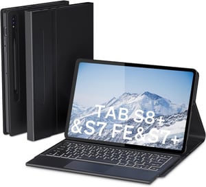 Doohoeek Husă cu tastatură Bluetooth pentru Samsung Galaxy Tab S8+ 12.4''/S7 FE 2021/S7+ 2020, cu iluminare de fundal în 7 culori, Negru