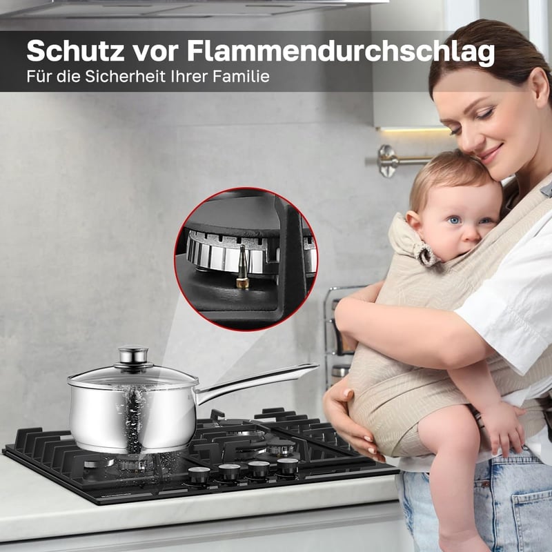 ThermoMate GHBG604 Beépíthető Gáz Főzőlap 4 Égővel - 60 cm Fekete Üveg Felület, Automatikus Hővédelemmel, 8000W, Földgáz/PB Gáz Kompatibilis
