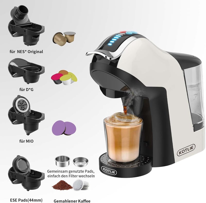 KOTLIE EM-308A 5-in-1 Kávéfőző 19 Bar Nyomással, Többféle Kapszulához (NES/DG), Automatikus Kikapcsolással, Kivehető Tartállyal, Fehér