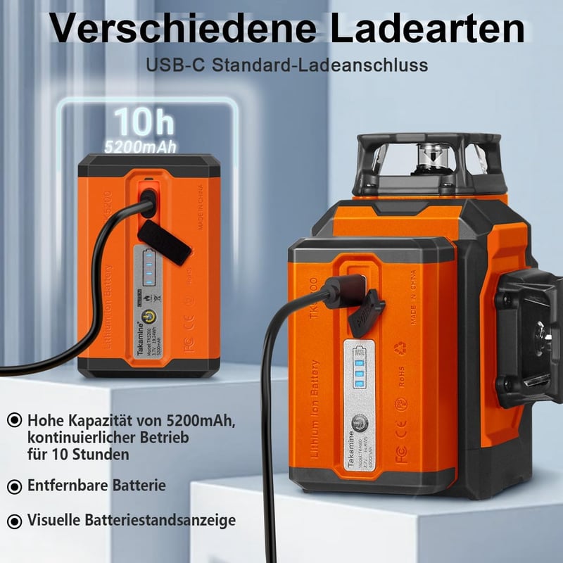 TakamineTech Zöld Keresztvonalas Lézer - 3x360° Önszintező Lézeres Szintező 12 Vonallal, Építkezéshez, 5200 mAh Akkumulátor, Távirányítóval,