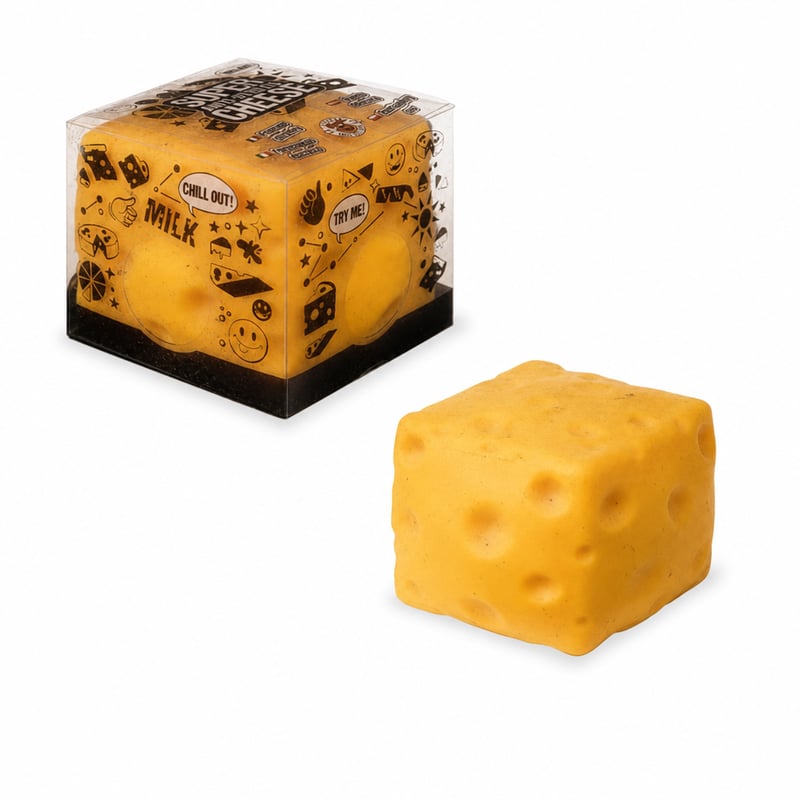 Antistresová loptička v tvare syra TRENDHAUS XXL Squishy 9,5 x 9,5 x 8 cm pre deti — zaprášený, špinavý povrch (stav: pozri 2. obrázok)