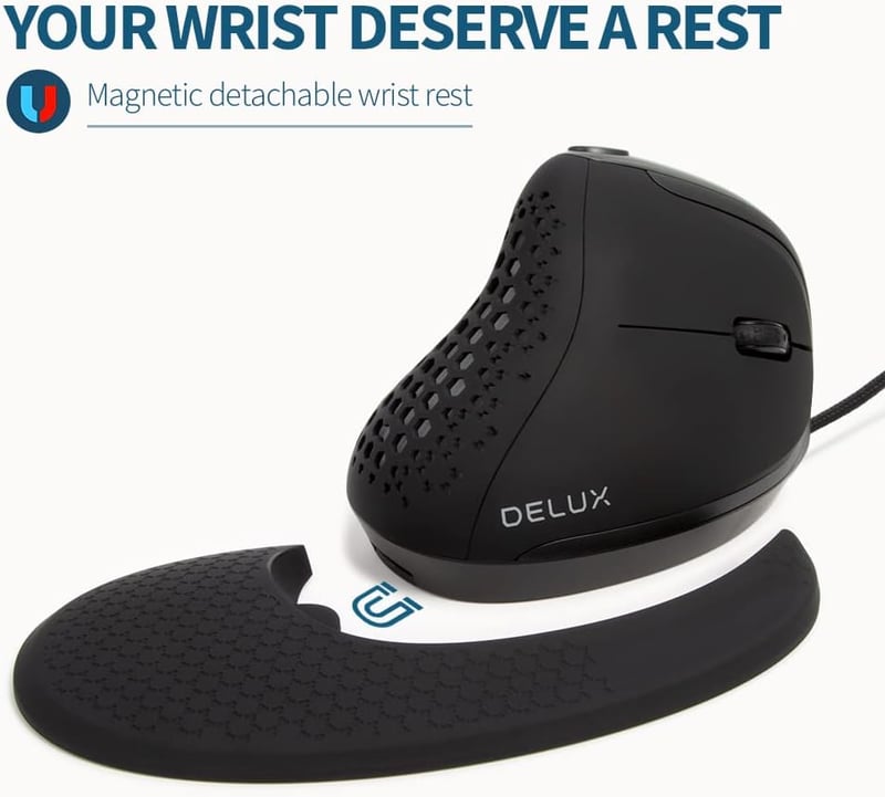 DeLUX M618XSU ergonomikus függőleges egér RGB fénnyel, csuklótámasszal, 4000 DPI