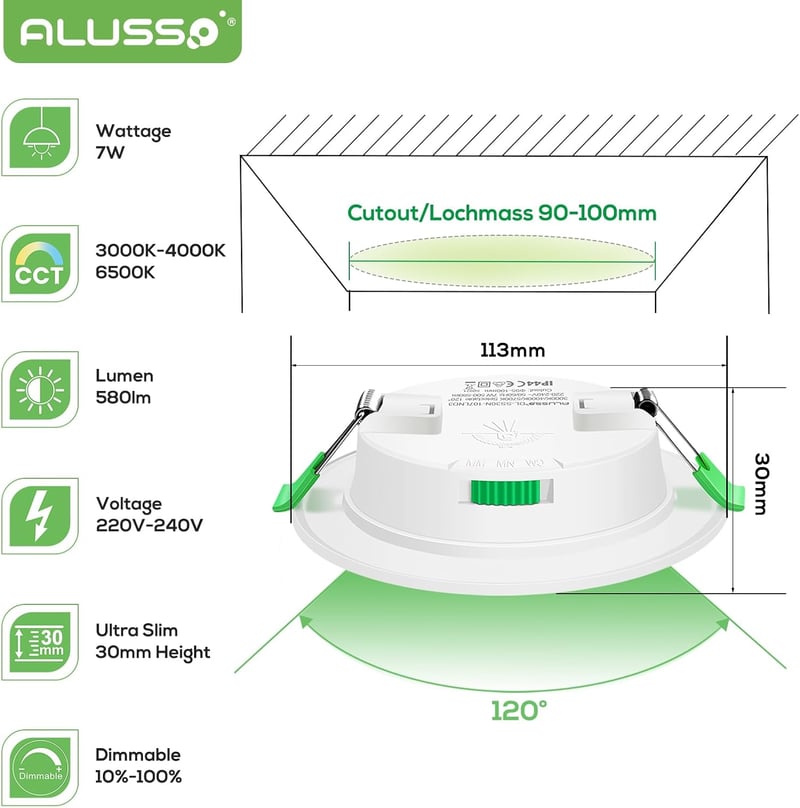 ALUSSO Ultra Lapos LED Süllyeszthető Spotlámpa, 7W, Szabályozható, 580lm, 30mm Beépítési Mélység, Választható Színhőmérséklet, Beltéri