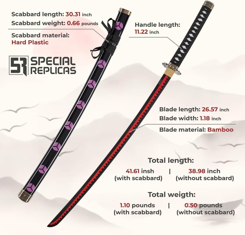 57 SPECIAL REPLICAS Roronoa Zoro Anime Katana Szett - One Piece Cosplay Bambusz Kard 105 cm, 3 db Katana Állvánnyal, Biztonságos Dekoráció