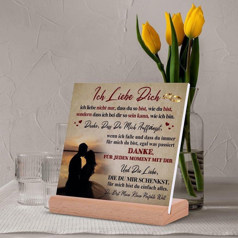 Romantikus "Ich Liebe Dich" Akril Asztali Dísz 10x10 cm - Német Feliratú Szerelmi Ajándék