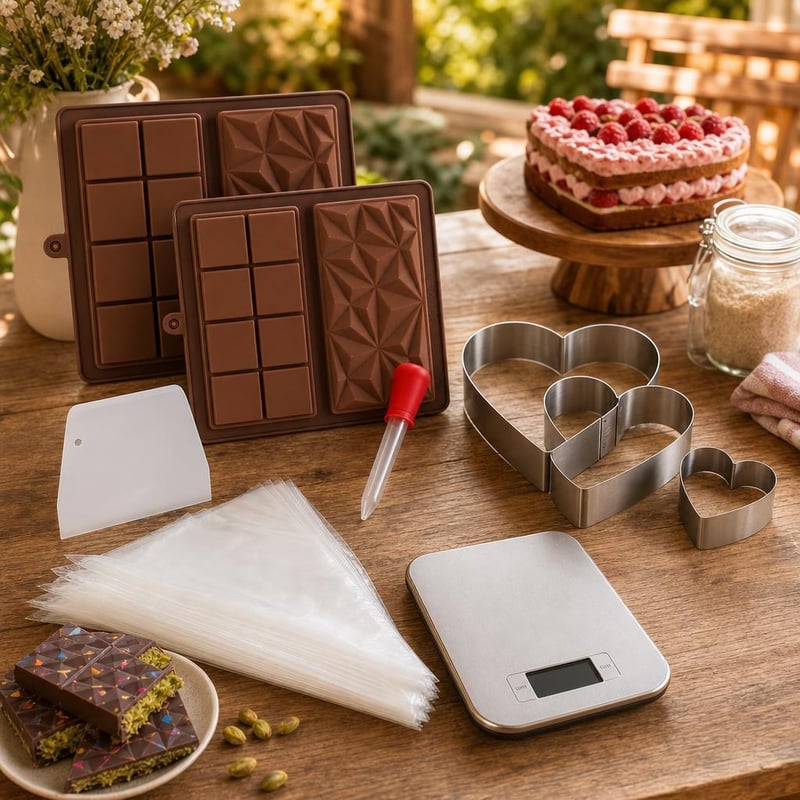 Tortavarázs kezdőkészlet: 2 db csokoládéforma + 3 db szívtortakarika + 100 db habzsák + 5 kg mérleg