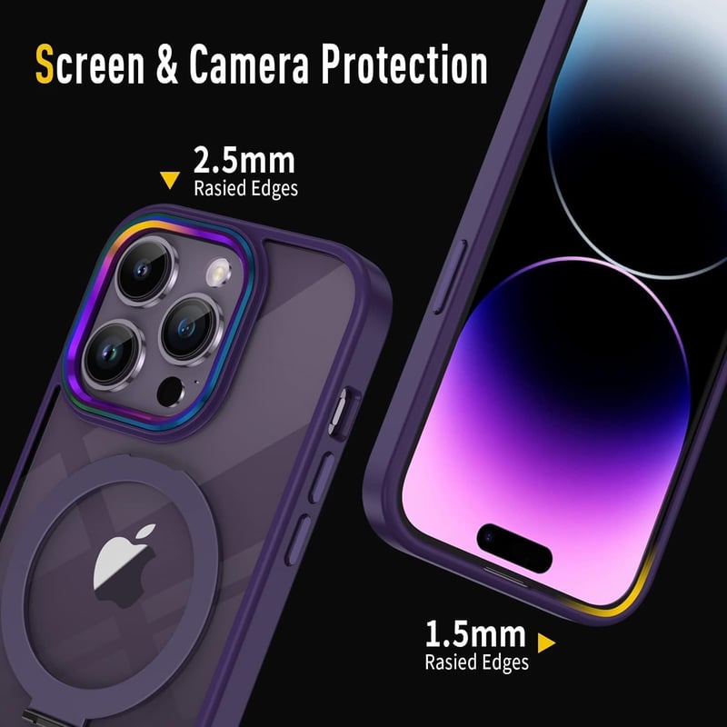 iPhone 14 Pro Max MagSafe-kompatibilis átlátszó tok lila mágneses állvánnyal