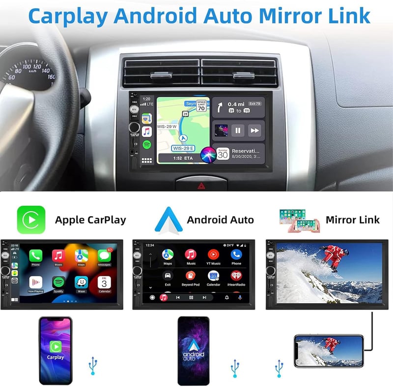 Podofo 2DIN Autórádió 7" Érintőképernyővel - CarPlay és Android Kompatibilis, Bluetooth, Tolatókamera, Kormányvezérlés, FM, USB, Színes Vilá