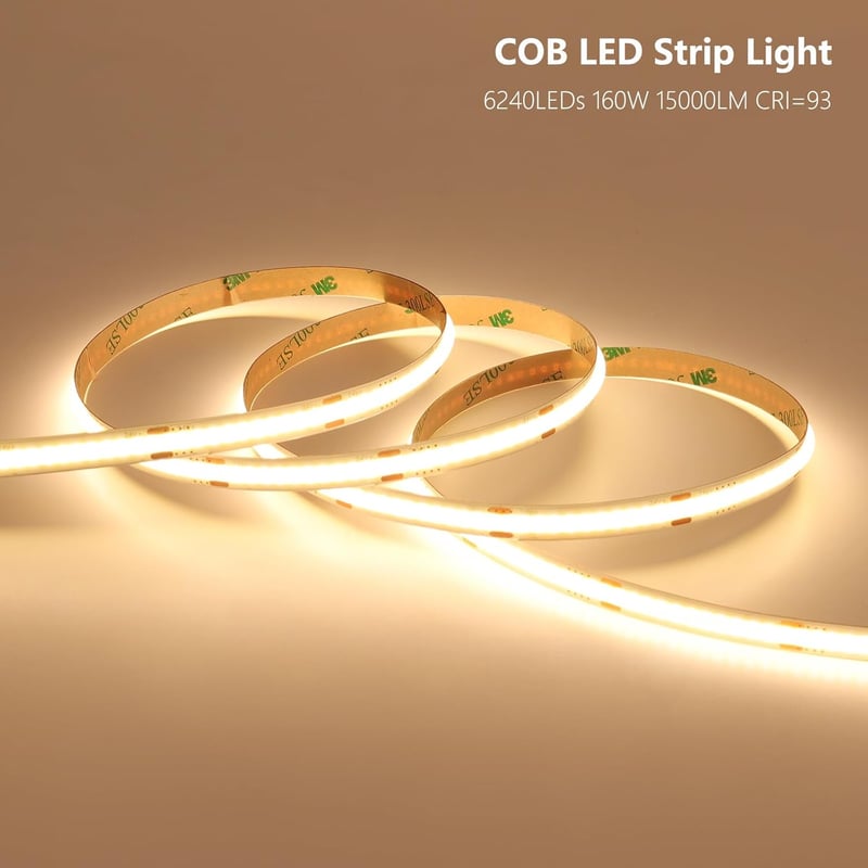 BENLUN COB LED Szalag 20m, 24V, 3000K Meleg Fehér, Öntapadós, 312 LED/m, CRI93, Vágható, Tápegységgel, Hálószoba Dekorációhoz