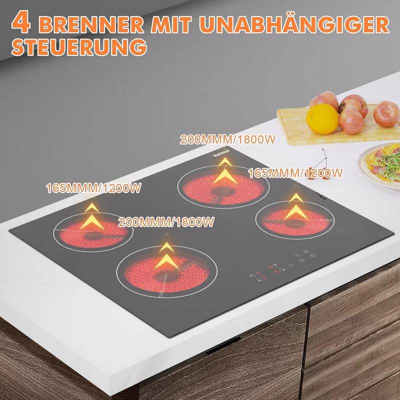 Karinear 60 cm-es üvegkerámia főzőlap 4 égővel, 6000 W, gyermekzár és időzítő