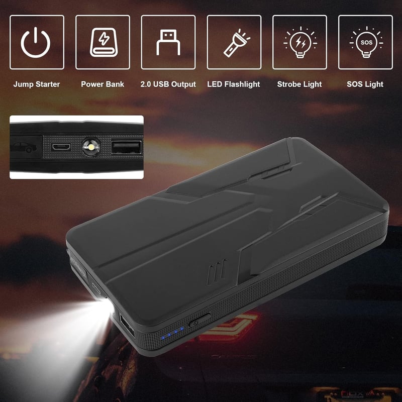ASUNCELL Autós Bikázó 27000mAh Powerbank 600A 12V - Hordozható Indításrásegítő 5.0L Benzin és 2.0L Dízel Motorokhoz, LED Lámpával