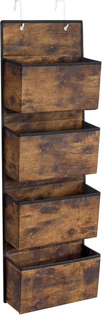 SONGMICS Függő Tároló Szervező 4 Zsebbel - Vintage Barna Ajtóra Szerelhető Polcrendszer Hálószobába, Nappaliba, Összecsukható, 12 x 33,5 x 1 1