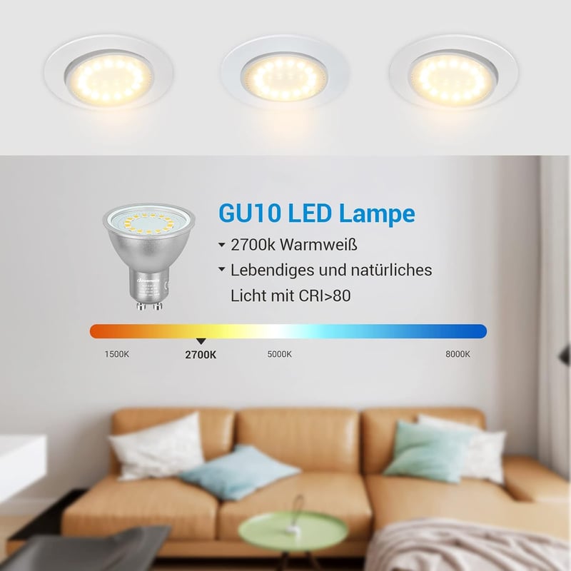 DEWENWILS GU10 LED Izzó, Meleg Fehér 2700K, Fényerőszabályozható, 5W 350LM, 50W Halogén Helyettesítő, 120° Szórási Szög, 6 db Csomag
