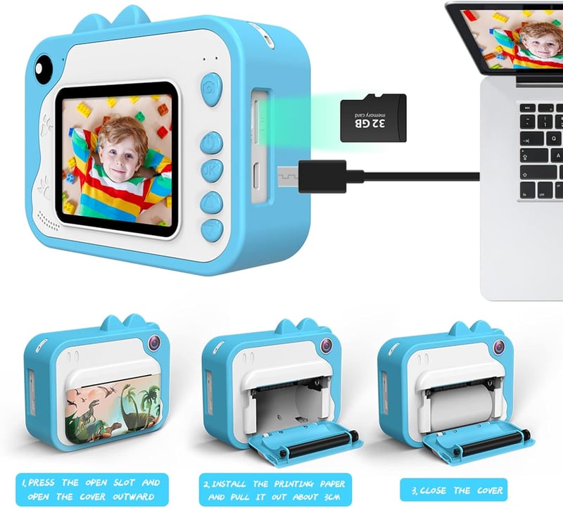Uleway gyerek fényképezőgép, kék, 1080P, azonnali nyomtatással, 32GB kártyával, ajándék szett