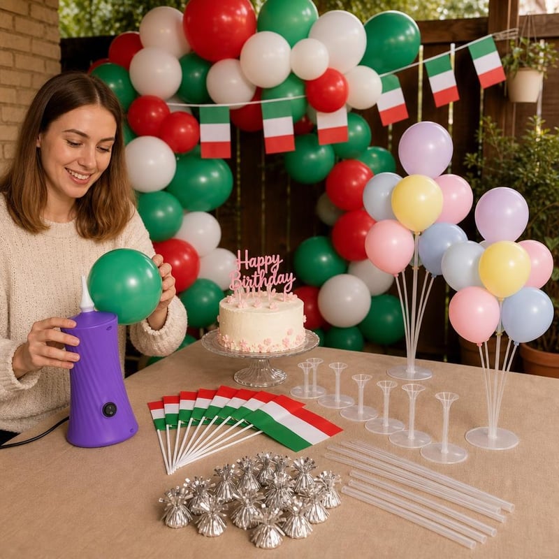 Léggömbös szülinap: ballonpumpa + 30 db léggömb + füzér + 6 db tartó + 16 db nehezék + tortadísz