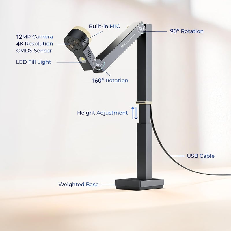 CZUR Fancy S Pro 4K USB Dokumentum Kamera és 12MP Webkamera LED Világítással, 60fps, Autofókusz, Távoktatáshoz, Élő Közvetítéshez, Windows é
