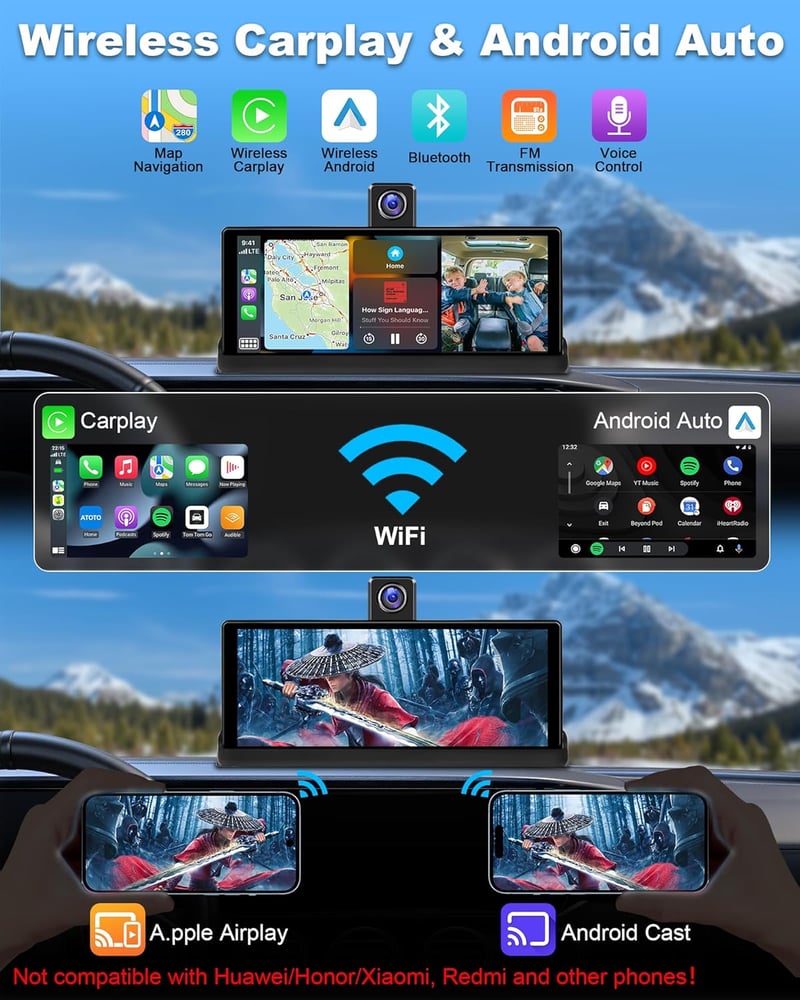 Vtopek 10,26" 4K Apple CarPlay Kijelző 350° Forgatható Kamerával - Vezeték Nélküli Android Autós Monitor, Bluetooth, Siri, Navigáció, 64GB T
