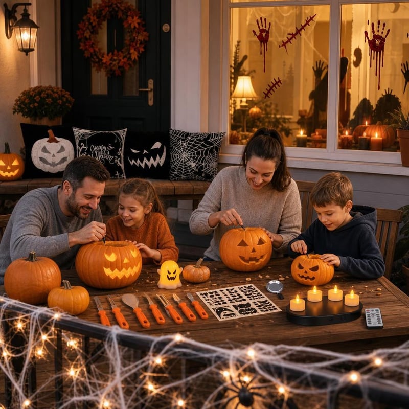 Halloween paket: LED set za rezbarenje + 12 LED svijeća + paučina + 4 jastučnice + naljepnice