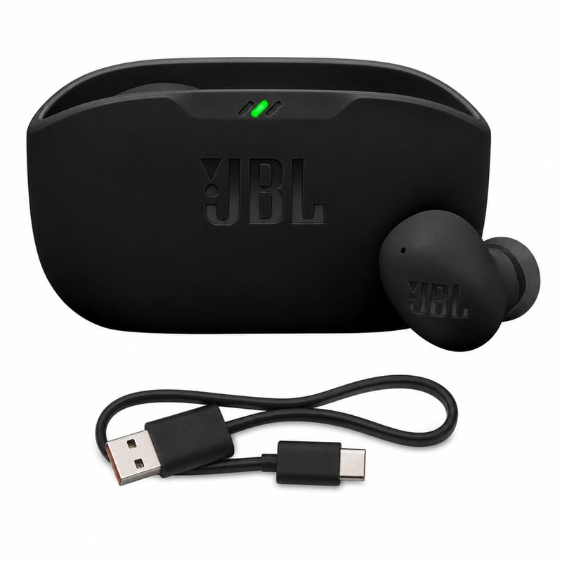 Căști True Wireless Bluetooth JBL Wave Buds 2 cu anulare a zgomotului, autonomie de 40 de ore — set de pernuțe incomplet (stare: vezi a 2-a imagine)