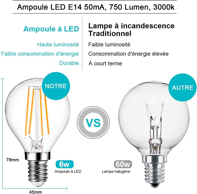 LED Filament E14 G45 Izzó - 6W Vintage Meleg Fehér 3000K 750lm - Halogén 60W Helyettesítő - Nem Szabályozható - 6 db Csomag