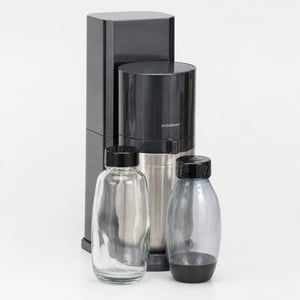 Aparat de sifon SodaStream DUO, culoarea Titan, cu 1 sticlă de sticlă de 1L și 1 sticlă de plastic FUSE de 1L, lavabile în mașina de spălat vase, utilizat