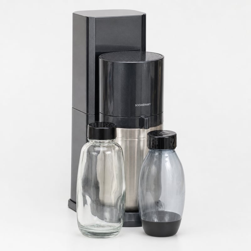 Výrobník sódy SodaStream DUO vo farbe Titan, s 1x 1l sklenenou fľašou a 1x 1l plastovou fľašou FUSE, vhodný do umývačky riadu, používaný