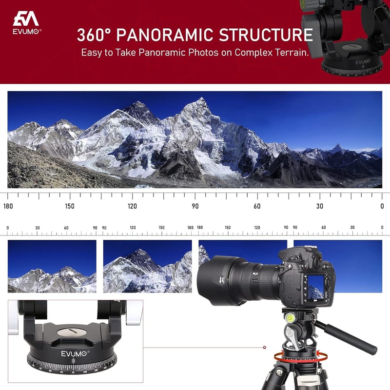 Cap trepied video EVUMO - Cap panoramic 360° cu placă rapidă, pentru GoPro, DSLR și camere video, sarcină maximă 10 kg, mâner reglabil, 47
