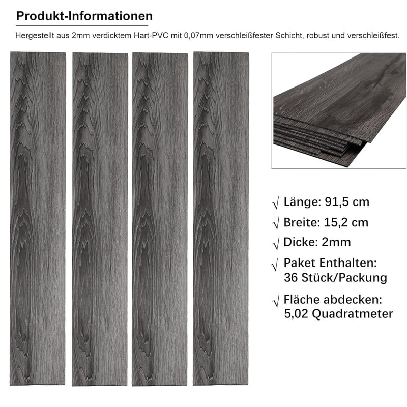 INMOZATA Öntapadós PVC Padlóburkolat - 5,02 m² / 36 Lap, Sötétszürke, Vízálló, Csúszásmentes, 2 mm Vastag, Könnyen Vágható Vinyl Padlólap