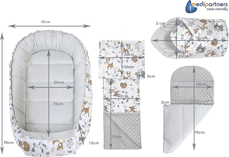 Medi Partners 5 Részes Babafészek Szett 100x60x15 cm - Kivehető Betét, Mászótakaró, Újszülött Baba Fészek 100% Pamut, Szarvas Mintás Szürke 
