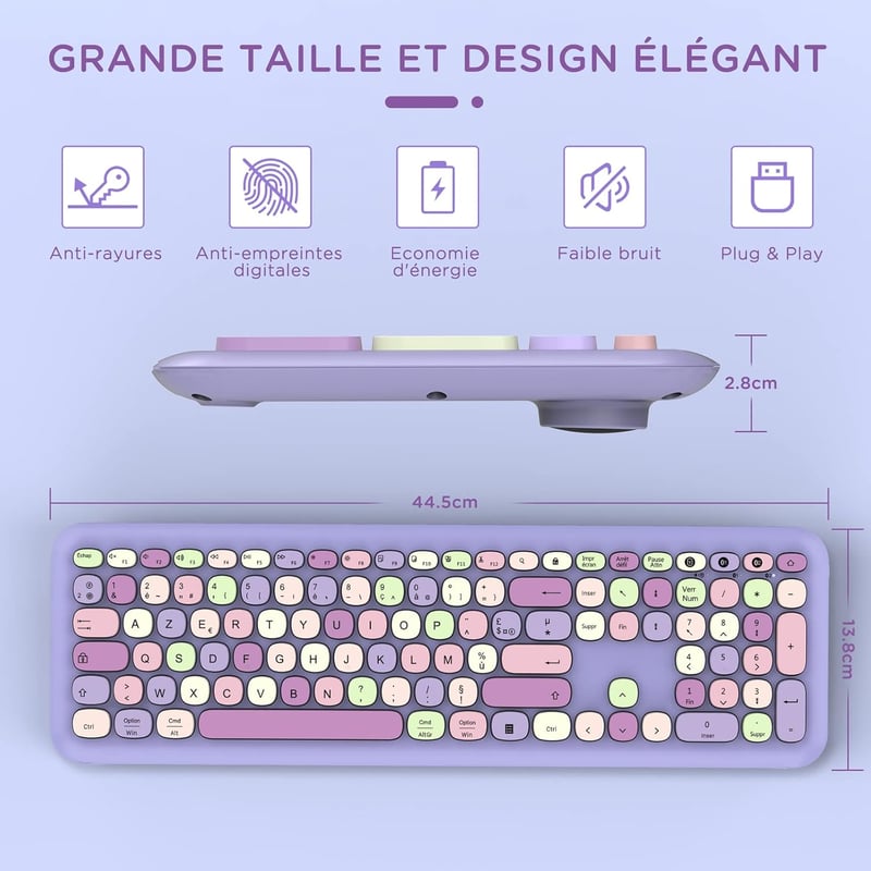 Seenda lila AZERTY Bluetooth billentyűzet - többeszközös, újratölthető, Windows/Mac/Android kompatibilis