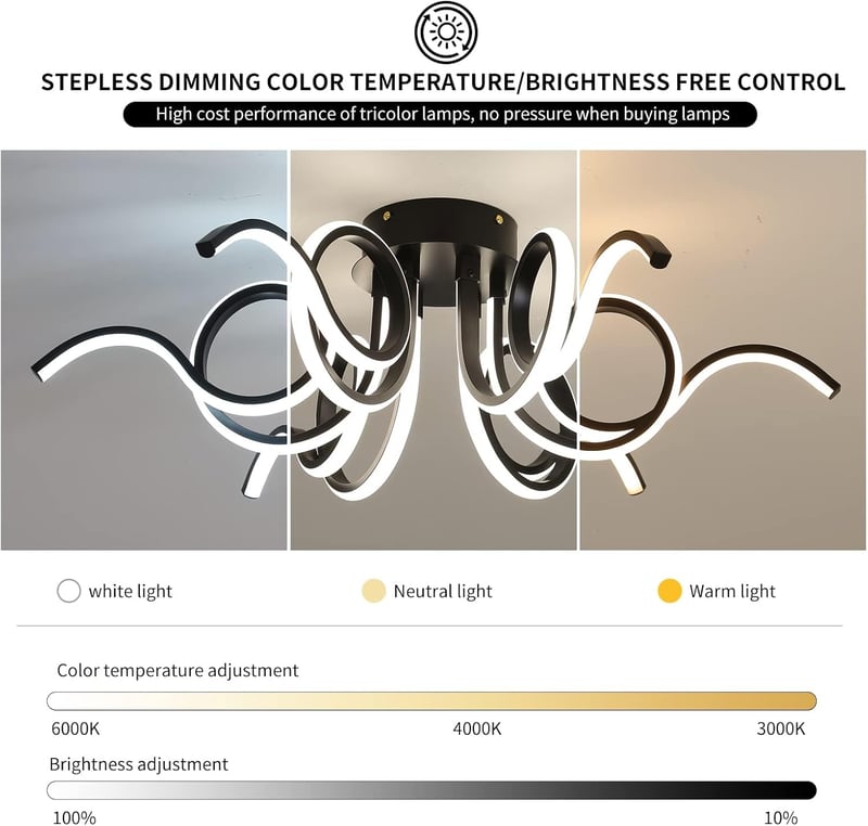 minifair Fekete LED Mennyezeti Lámpa 70cm - Távirányítós, Dimmelhető, 6 Fényforrás, 6000 Lumen, 3000K-6000K, Modern Világítás Nappaliba, Kon